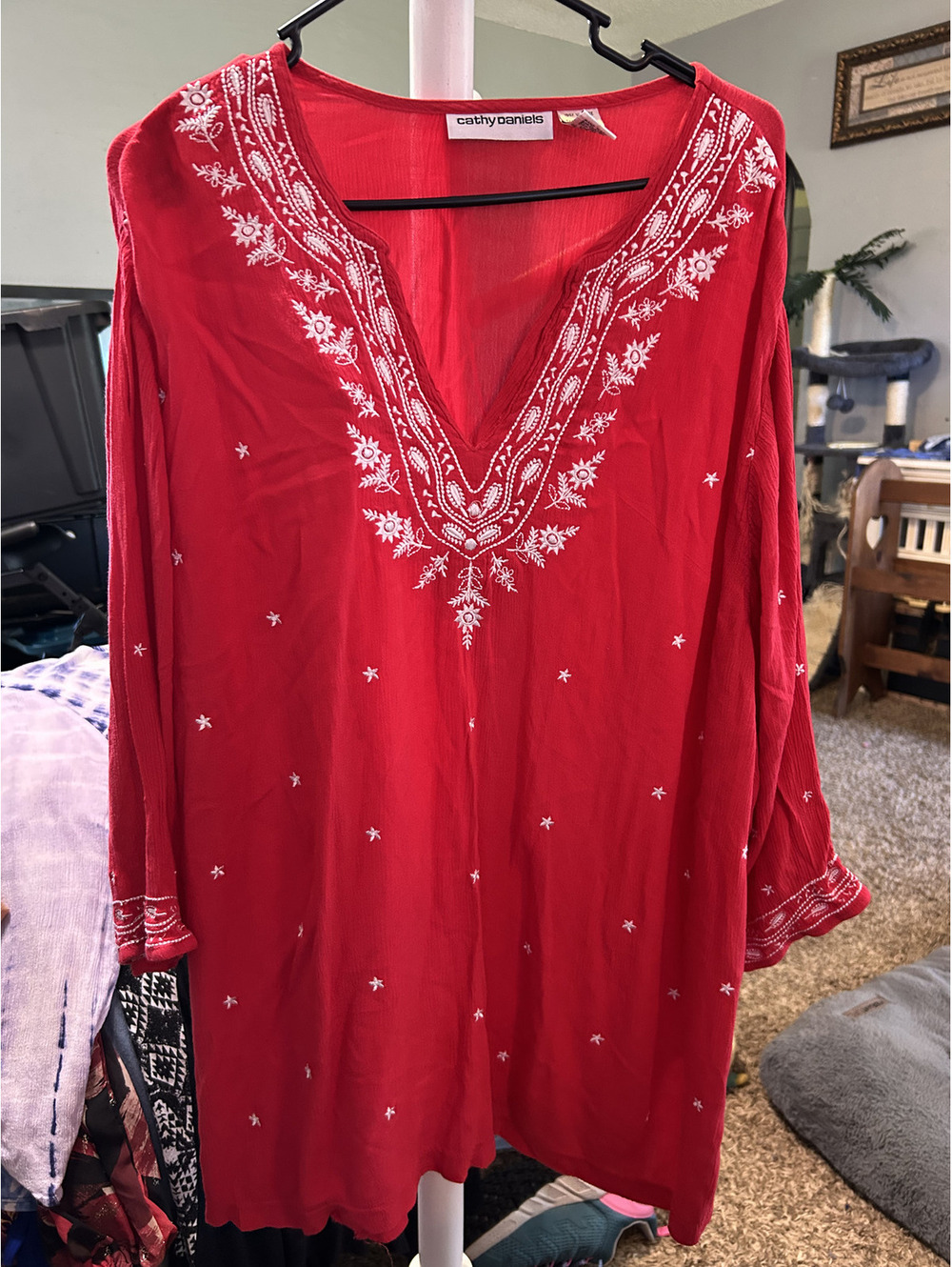 Cathy Daniels Red Viscose Tunic with White Embroidery, Size 3X